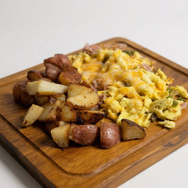 Scrambled eggs with melted cheese and ham, alongside roasted potatoes on a wooden board.