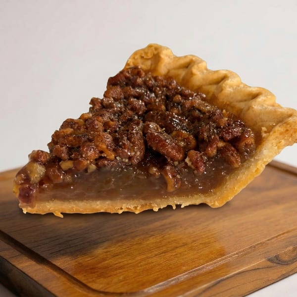 A delicious slice of pecan pie with a flaky crust sits on a wooden board.