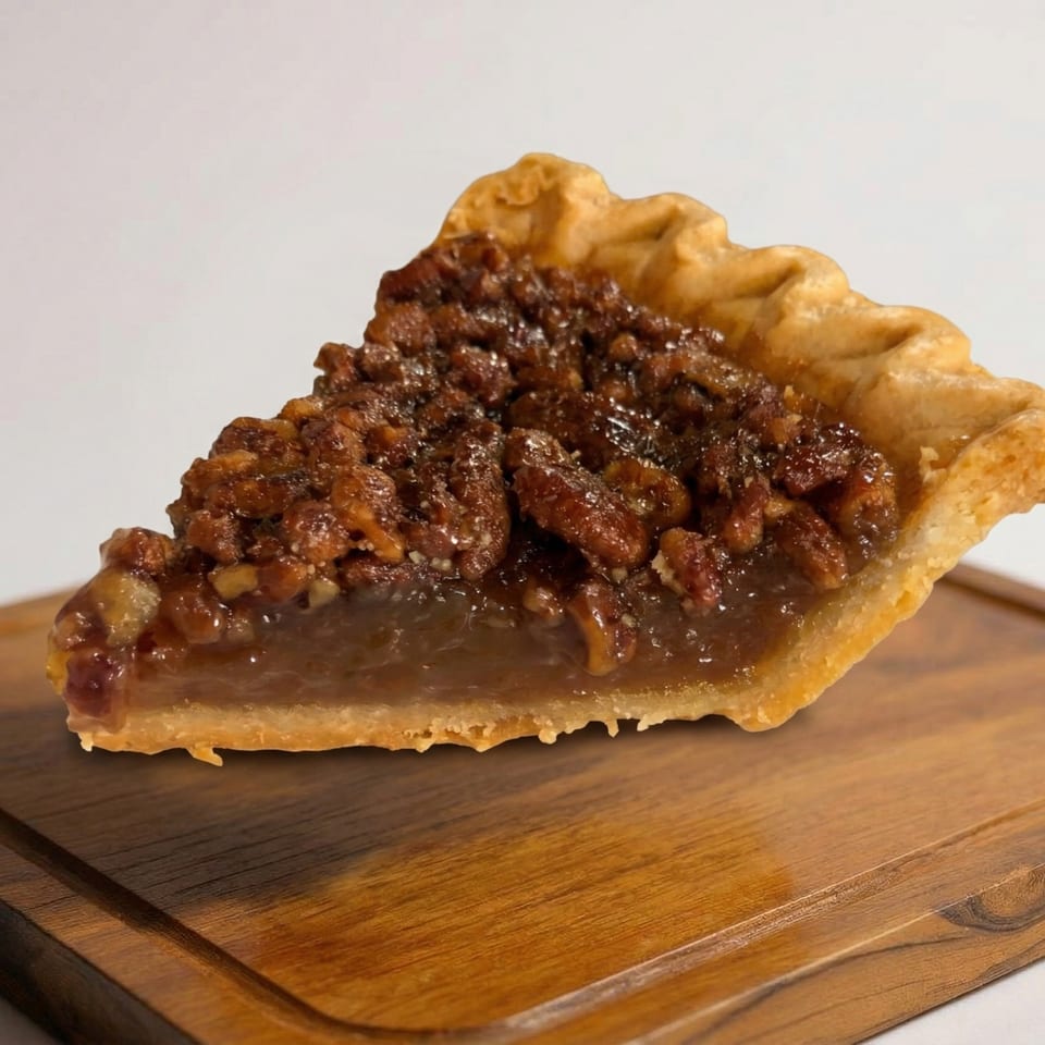 A delicious slice of pecan pie with a flaky crust sits on a wooden board.