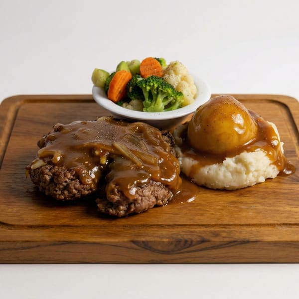Salisbury steak with mushroom gravy, mashed potatoes, and a side of mixed vegetables.