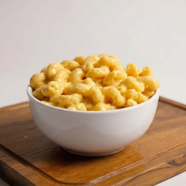 A white bowl filled with creamy, golden macaroni and cheese sits on a wooden board.