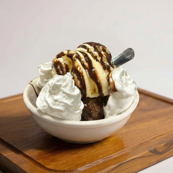 Vanilla ice cream scoops with chocolate syrup, whipped cream, and brownie pieces in a white bowl.