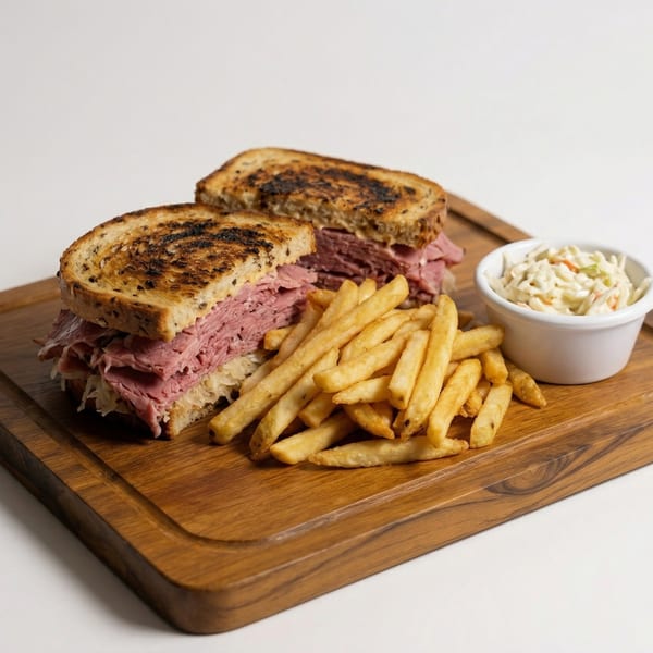 A pastrami sandwich with fries and coleslaw on a wooden board against a white background.